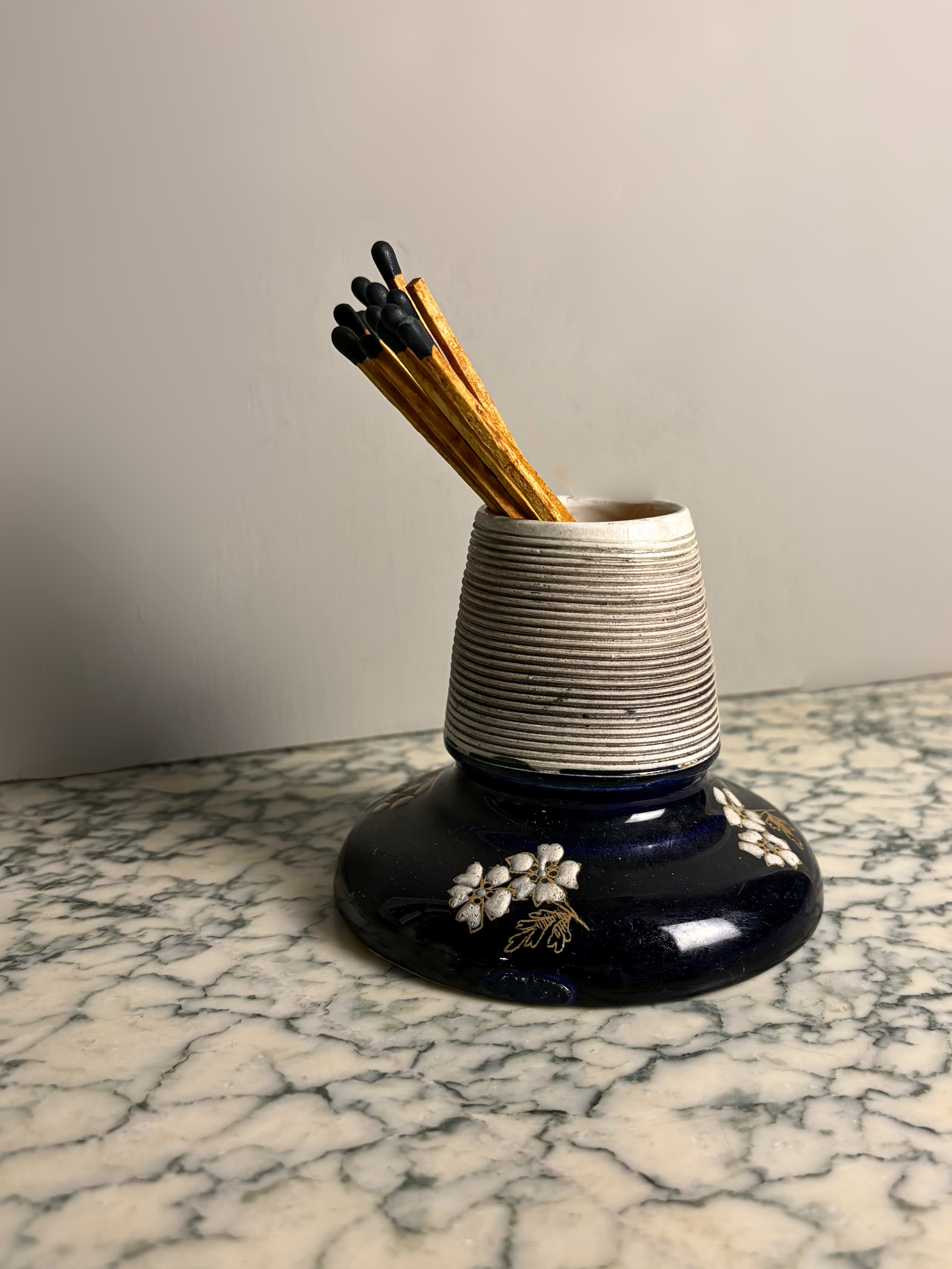 Antique French Navy & Ivory Porcelain Pyrogene